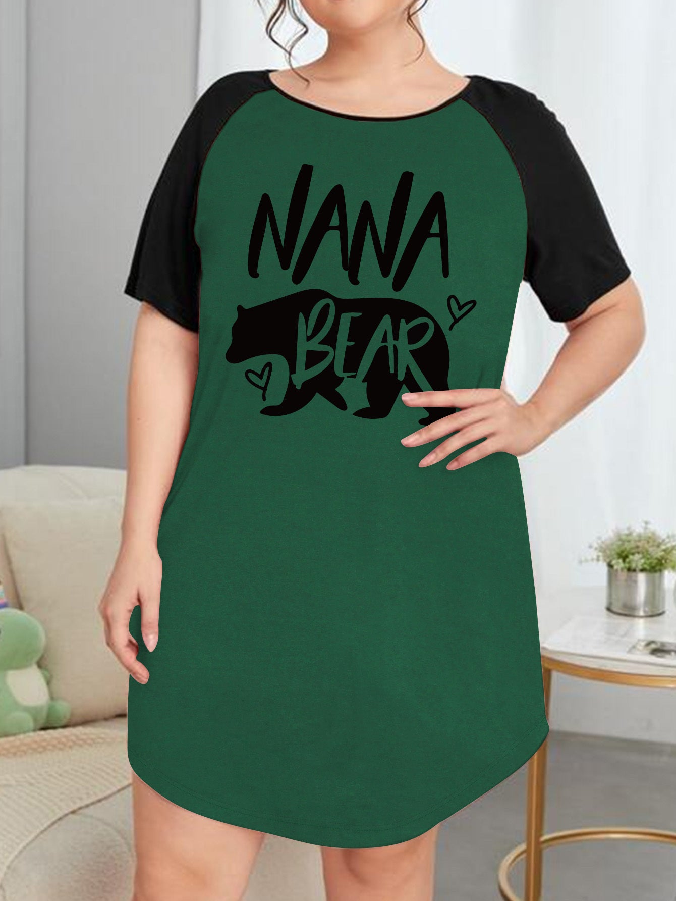  Nightdress Women's Plus Letter Bear & Heart Graphic Raglan Short Sl