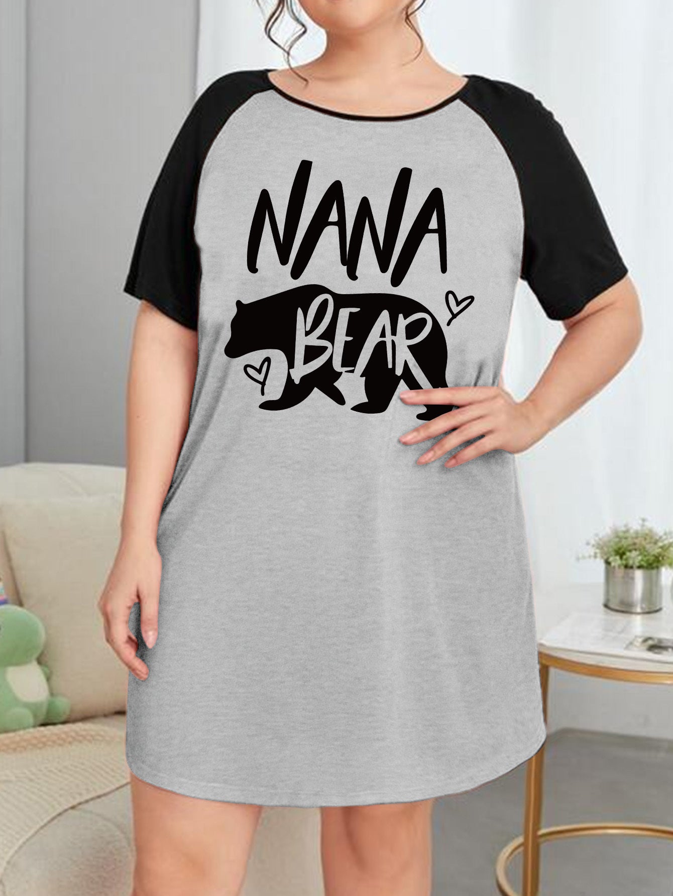  Nightdress Women's Plus Letter Bear & Heart Graphic Raglan Short Sl
