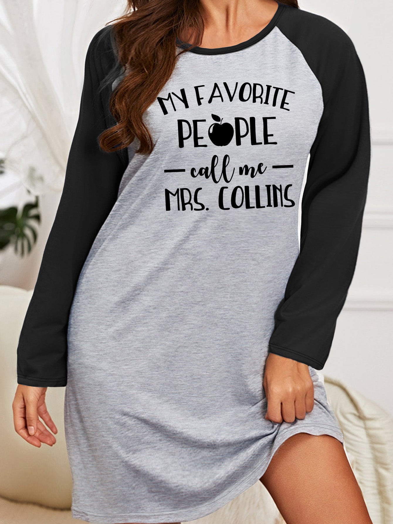  Nightdress Women's Letter Graphic Raglan Sleeve Round Neck Sleep Dress