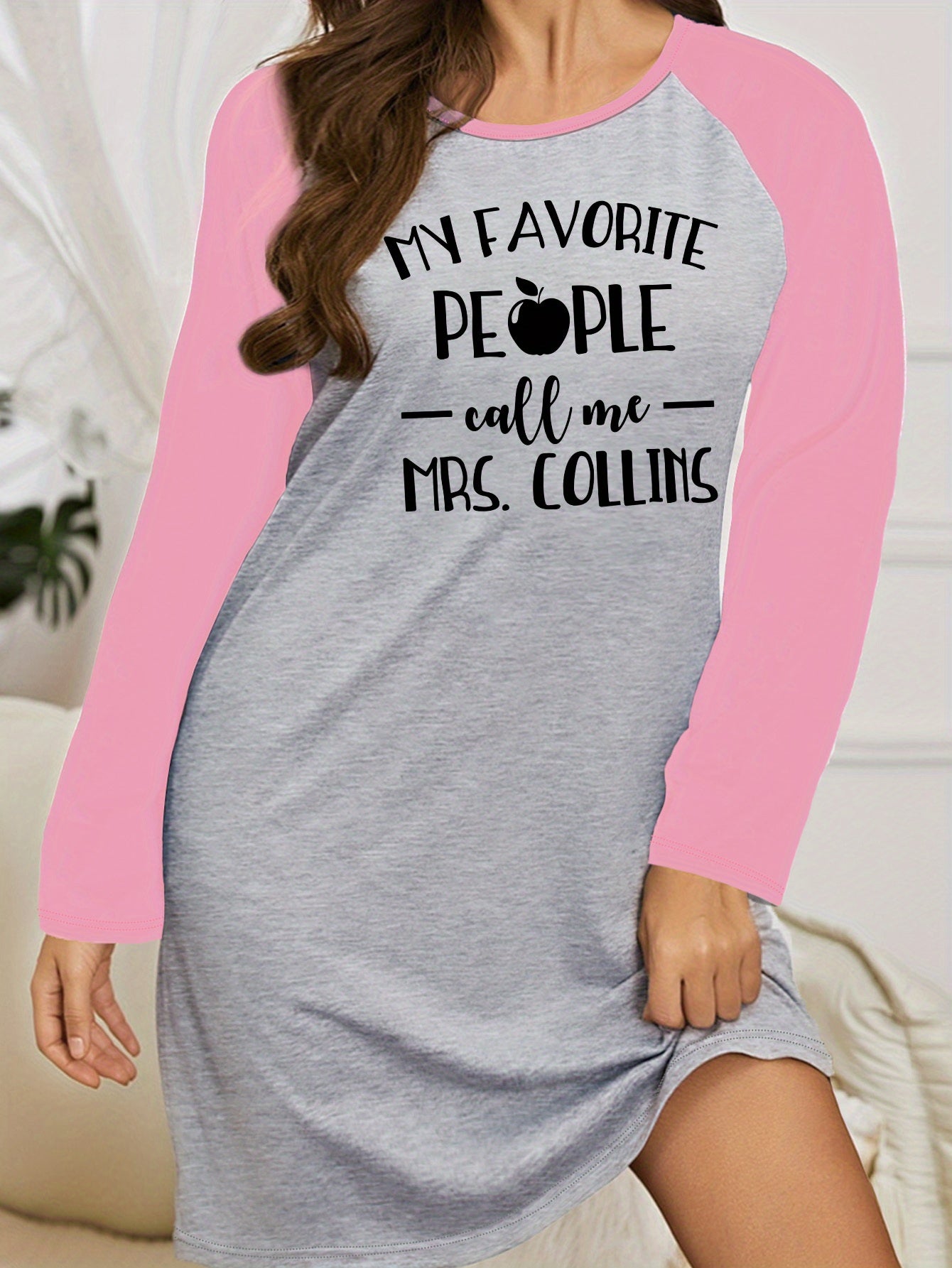  Nightdress Women's Letter Graphic Raglan Sleeve Round Neck Sleep Dress