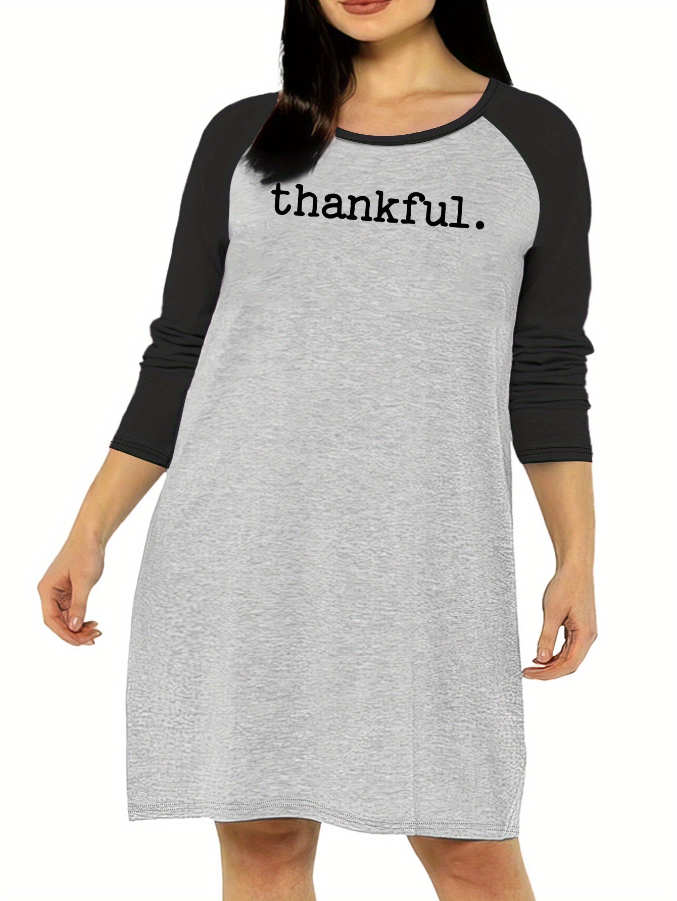  Nightdress Women's Plus Letter Print Raglan Sleeve Round Neck