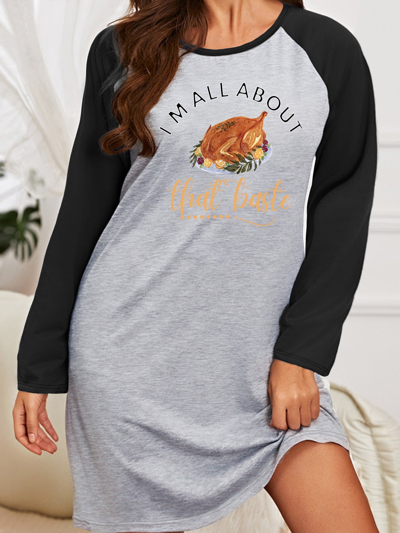  Nightdress Turkey & Letter Print Raglan Sleeve Round Neck Medium Stret
