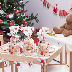 50pcs Christmas Santa Claus PVC Gift Bags for Baking Candy Packaging