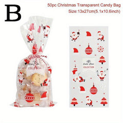 50pcs Christmas Santa Claus PVC Gift Bags for Baking Candy Packaging