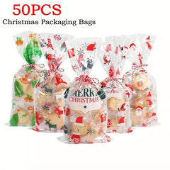 50pcs Christmas Santa Claus PVC Gift Bags for Baking Candy Packaging
