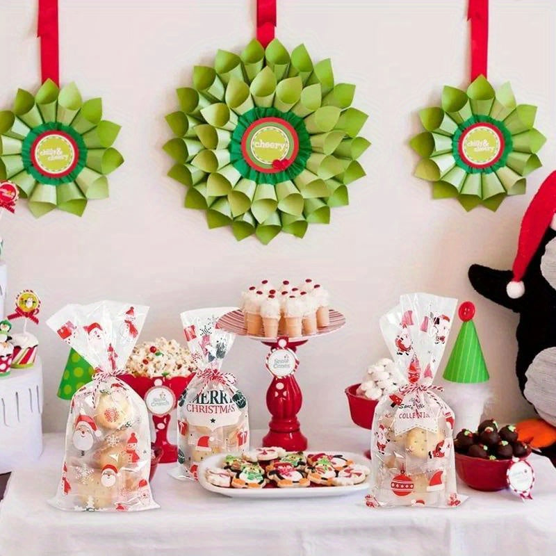 50pcs Christmas Santa Claus PVC Gift Bags for Baking Candy Packaging