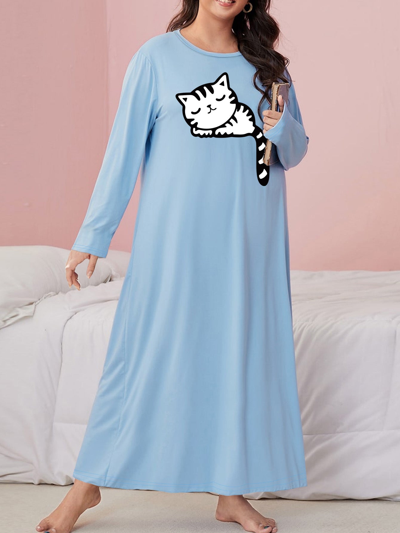 Cat Print Long Sleeve Round Neck Sleep Dress