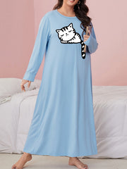  Cat Print Long Sleeve Round Neck Sleep Dress