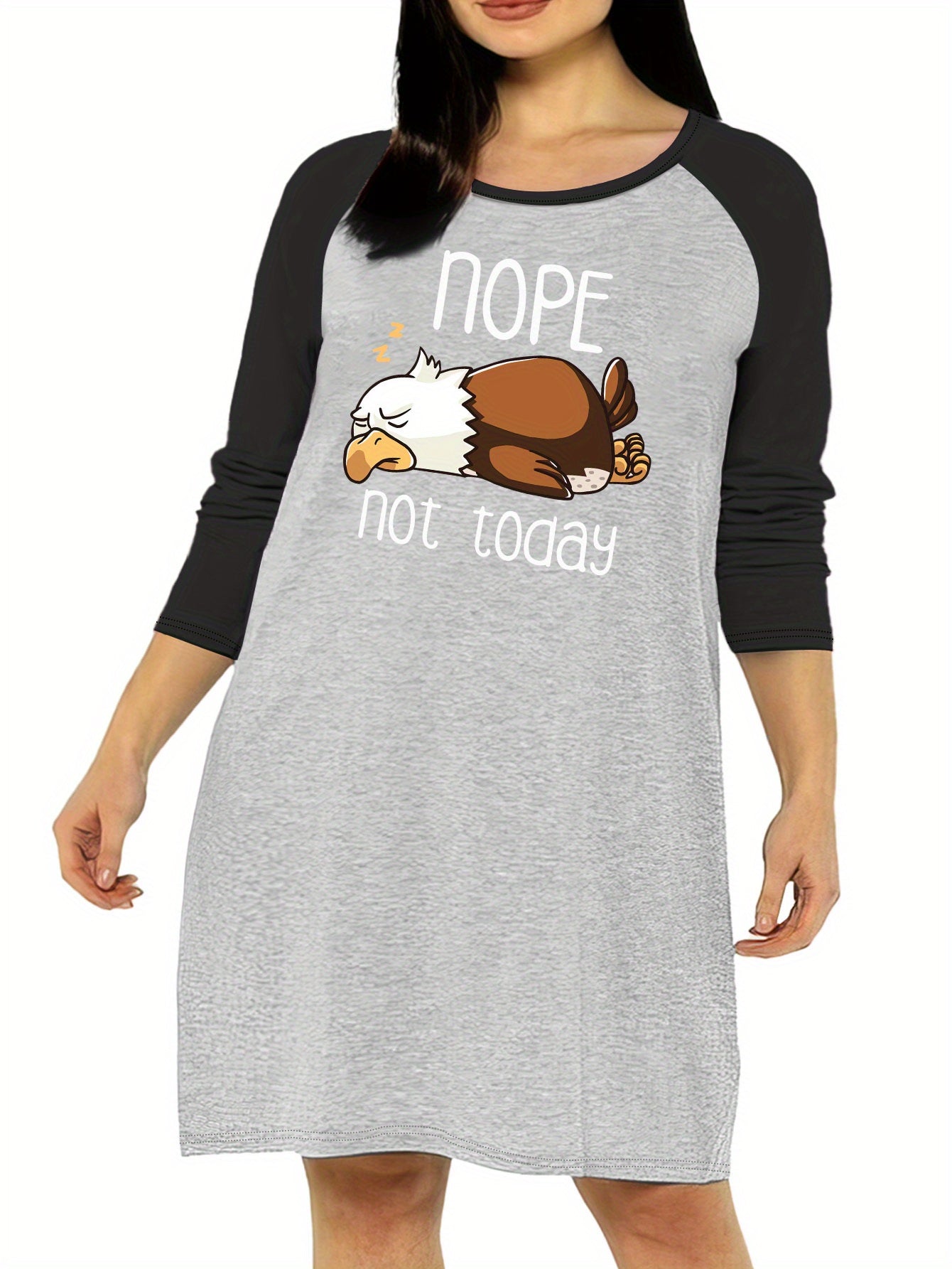  Nightdress Women's Plus Cartoon Eagle & Letter Print Raglan Sleeve Rou