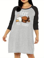  Nightdress Women's Plus Cartoon Eagle & Letter Print Raglan Sleeve Rou