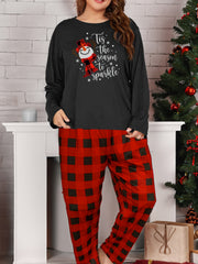  Snowman & Letter Print Long Sleeve Top & Plaid Pants Pajamas Set