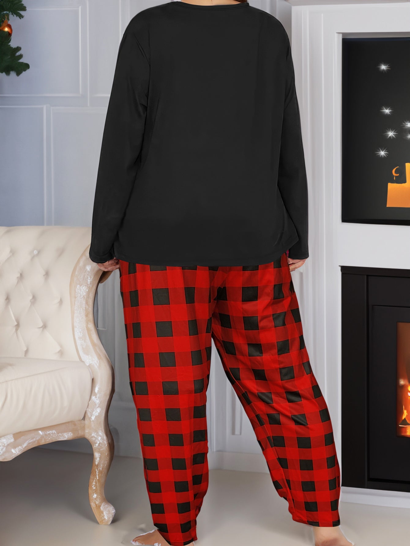  Snowman & Letter Print Long Sleeve Top & Plaid Pants Pajamas Set