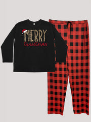  Christmas Lounge Set Women's Leopard Print Tee & Plaid Pants Pajamas