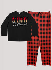  Plaid & Leopard Print Long Sleeve Tee & Plaid Pants Pajamas Set