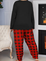  Plaid & Leopard Print Long Sleeve Tee & Plaid Pants Pajamas Set