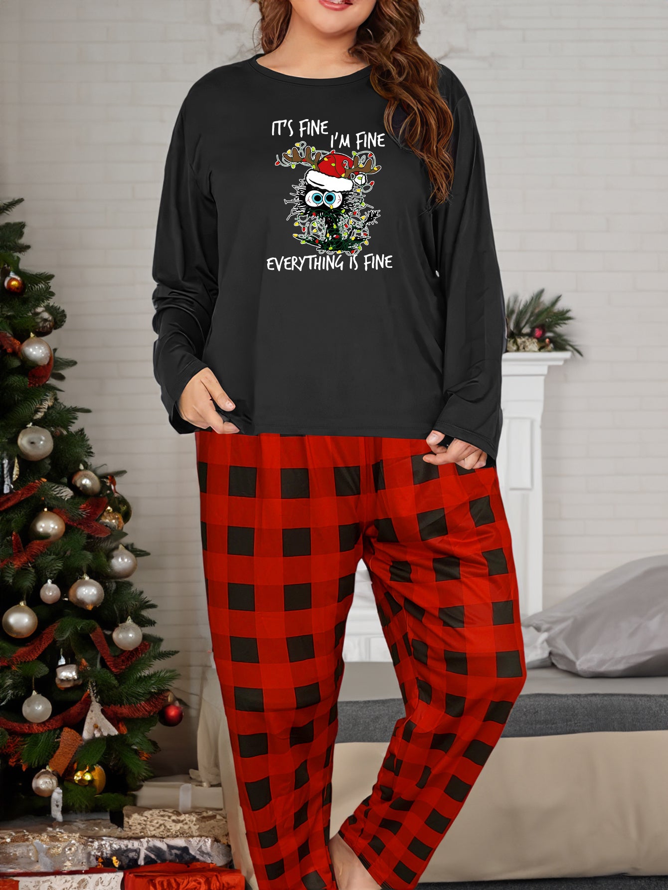  Christmas Lounge Set Women's Plus Colorful Lights & Monster Print Tee