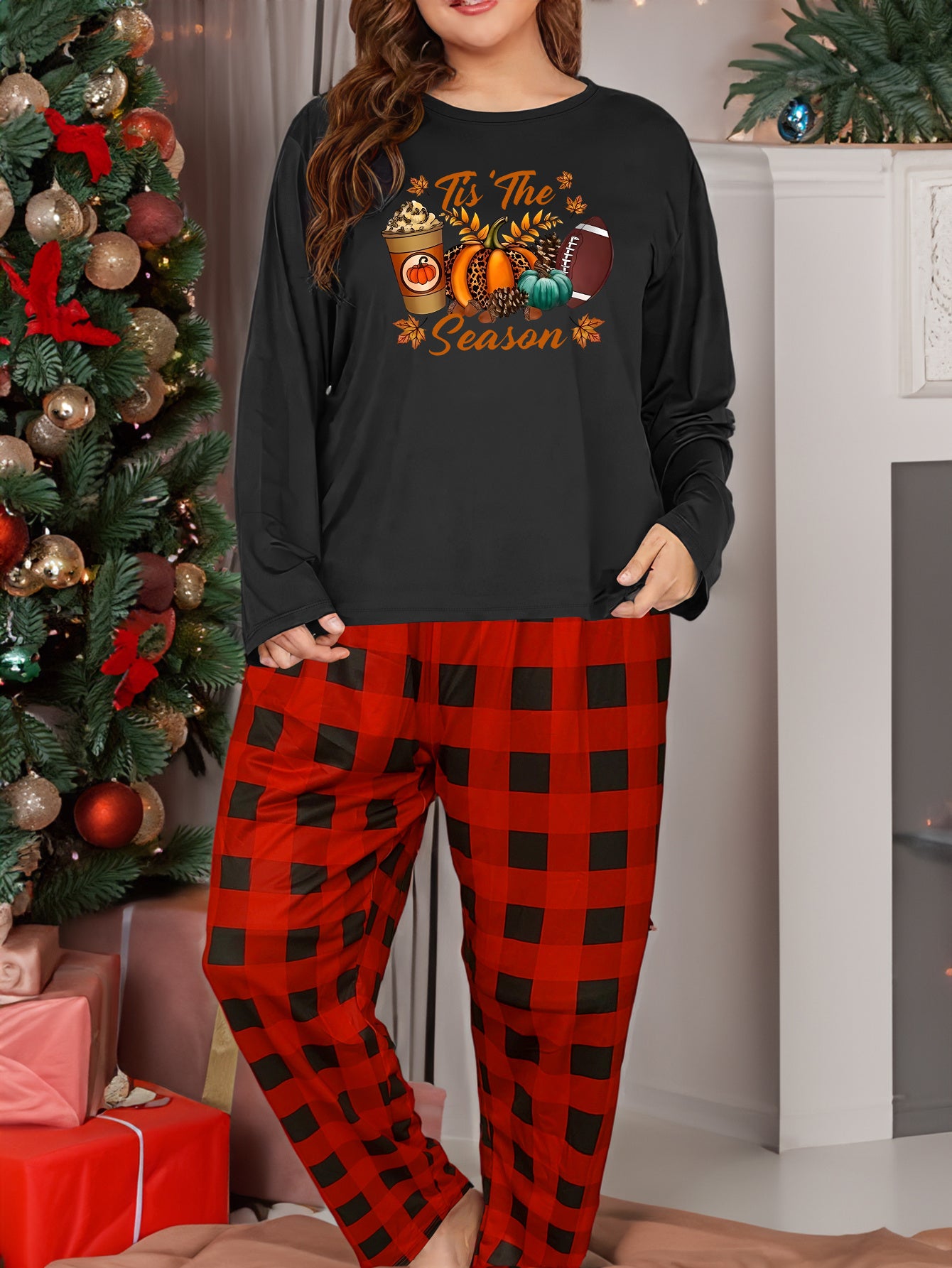  Lounge Set Women's Leopard Pumpkin Print Tee & Plaid Pants Pajama Set