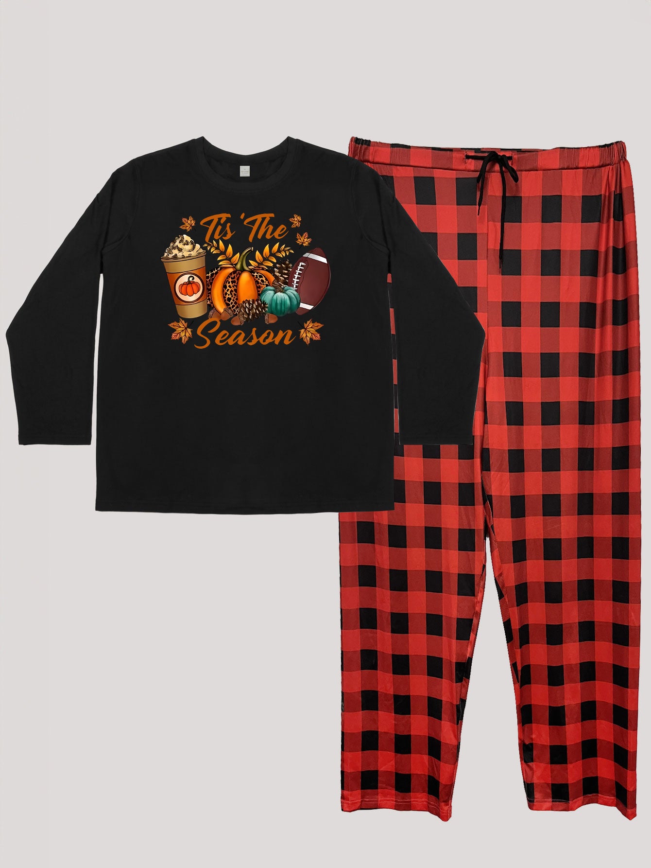  Lounge Set Women's Leopard Pumpkin Print Tee & Plaid Pants Pajama Set
