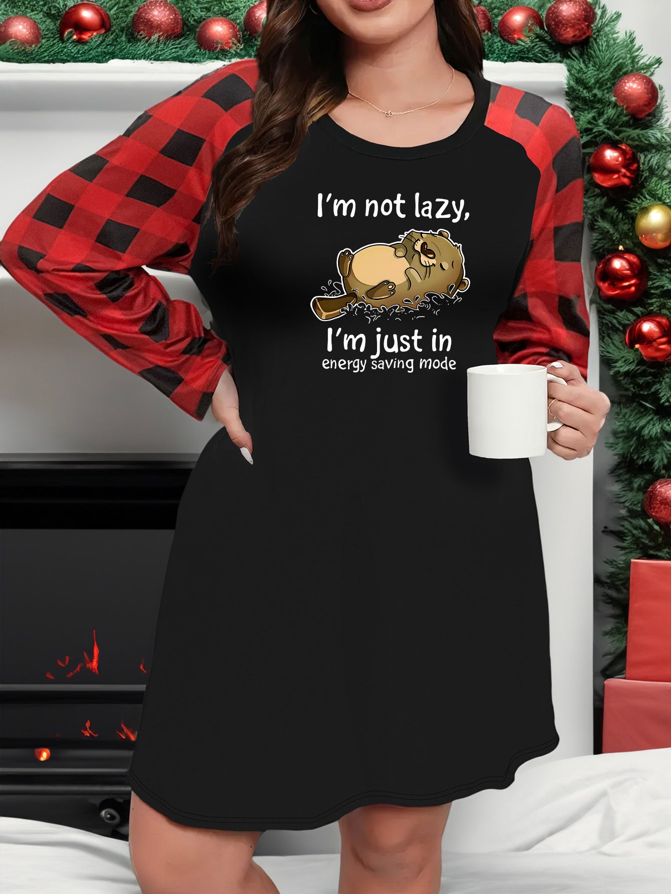  Cartoon Animal Print Nightdress Plaid Raglan Sleeve Loungewear Dress