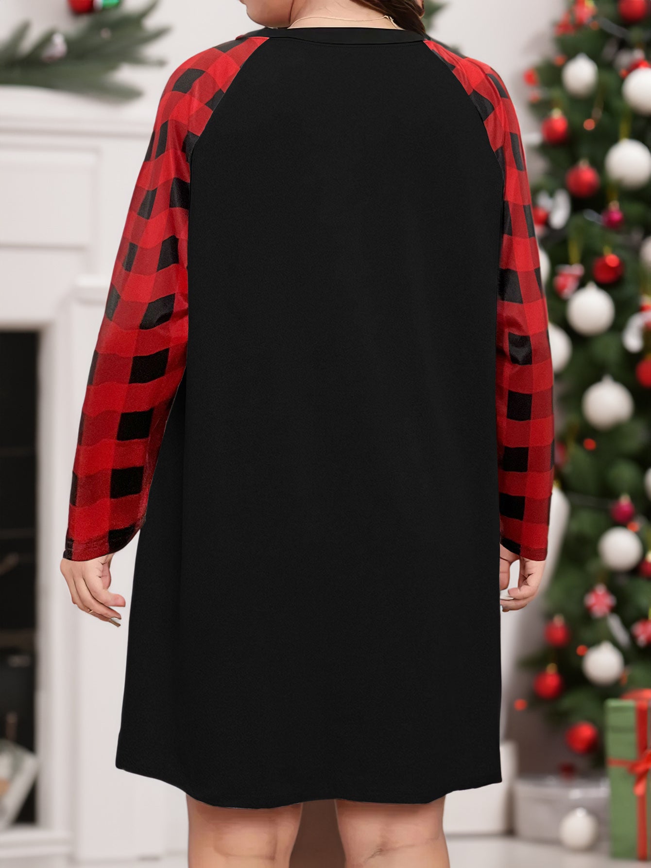  Christmas Tree & Slogan Print Plaid Raglan Sleeve Nightdress