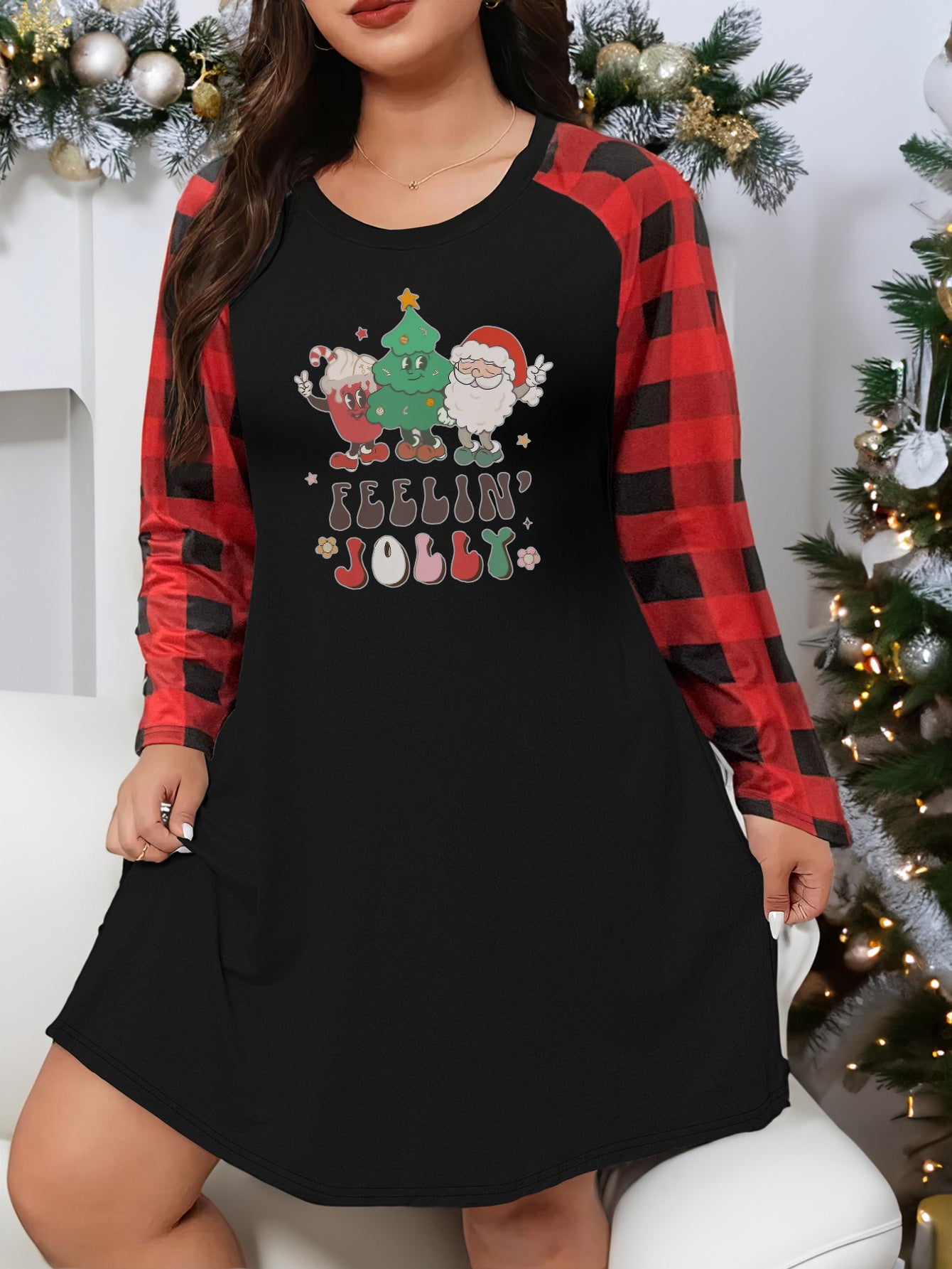  Christmas Lounge Dress Women's Plus Cartoon Christmas Tree
