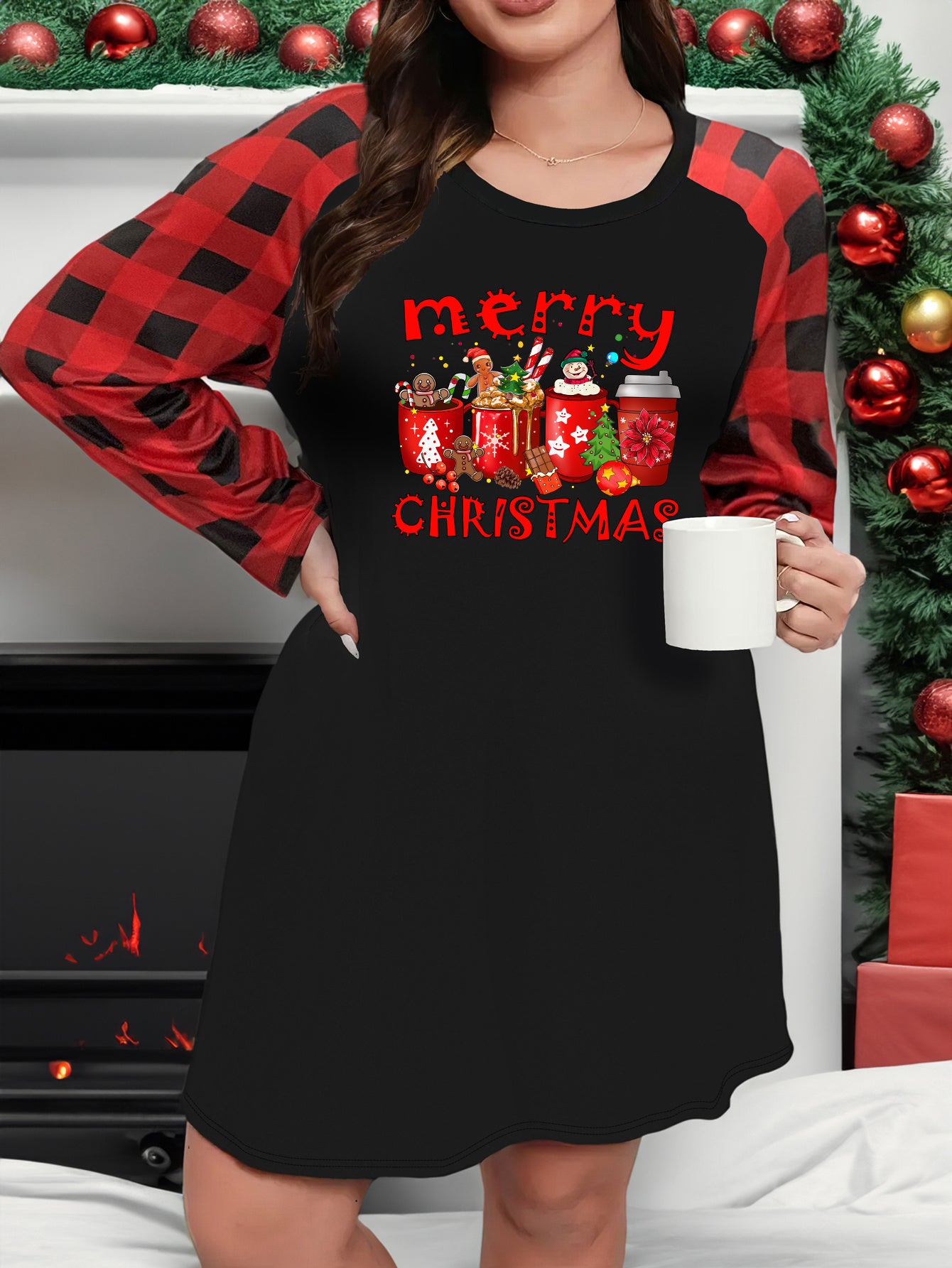 Gingerbread Man Drinks Print Plaid Raglan Sleeve Nightdress