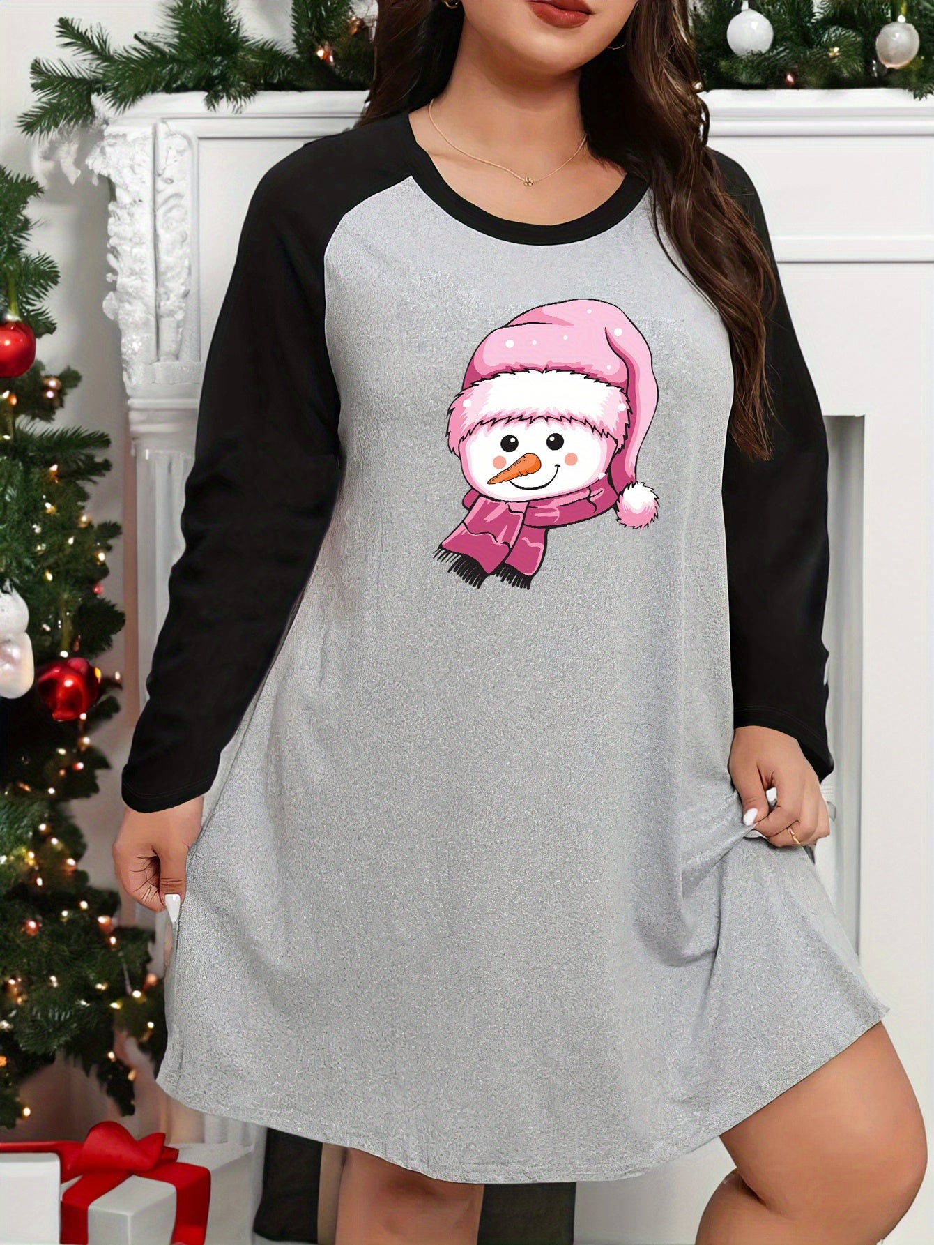  Christmas Lounge Dress Snowman Graphic Raglan Long Sleeve Nightdress