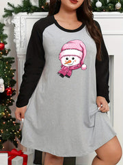  Christmas Lounge Dress Snowman Graphic Raglan Long Sleeve Nightdress