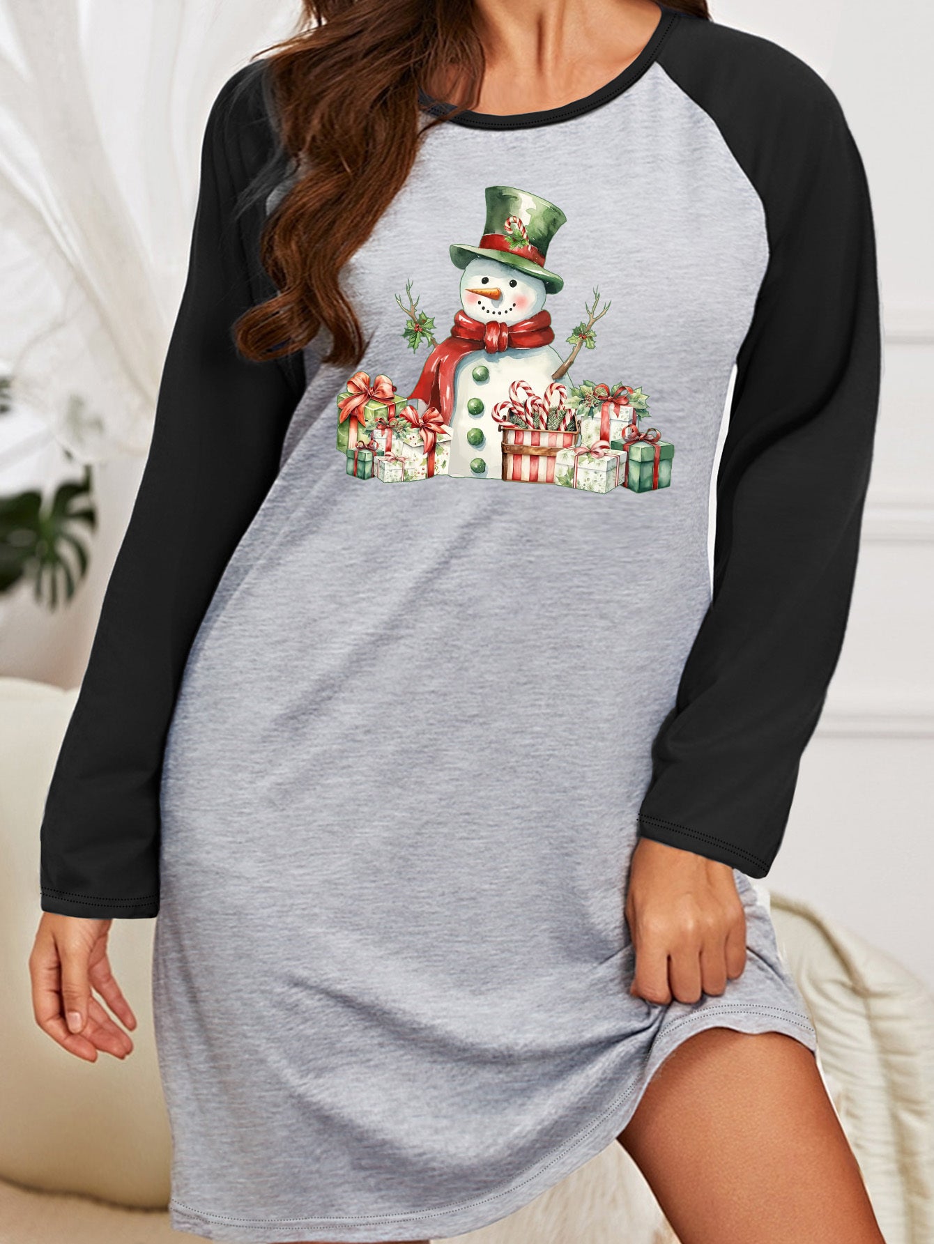  Snowman & Graphic Nightdress Raglan Sleeve Round Neck Sleep Dress