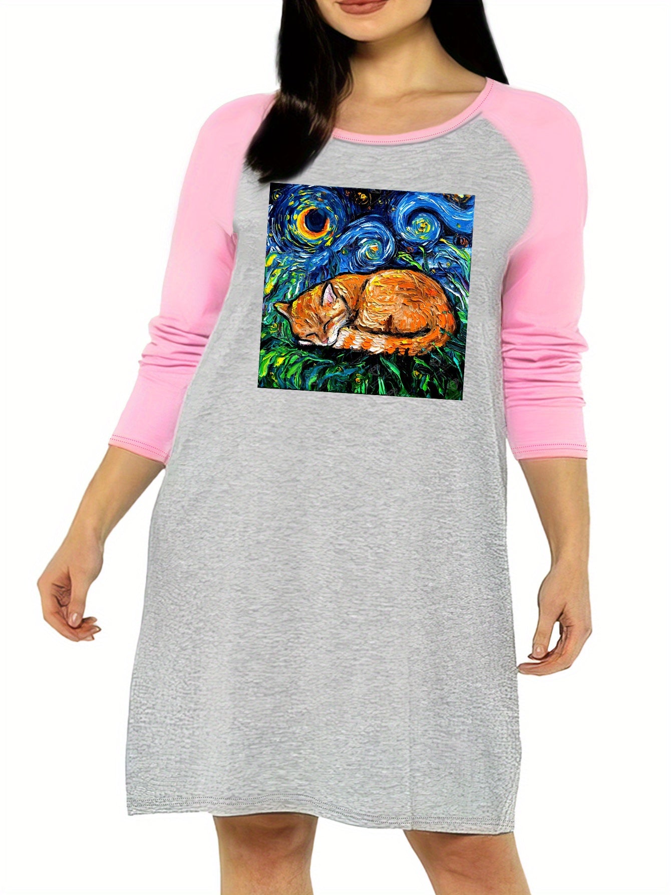  Painting Graphic Raglan Long Sleeve Round Neck Sleep Dress
