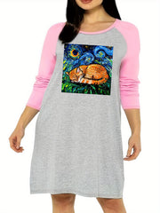  Painting Graphic Raglan Long Sleeve Round Neck Sleep Dress
