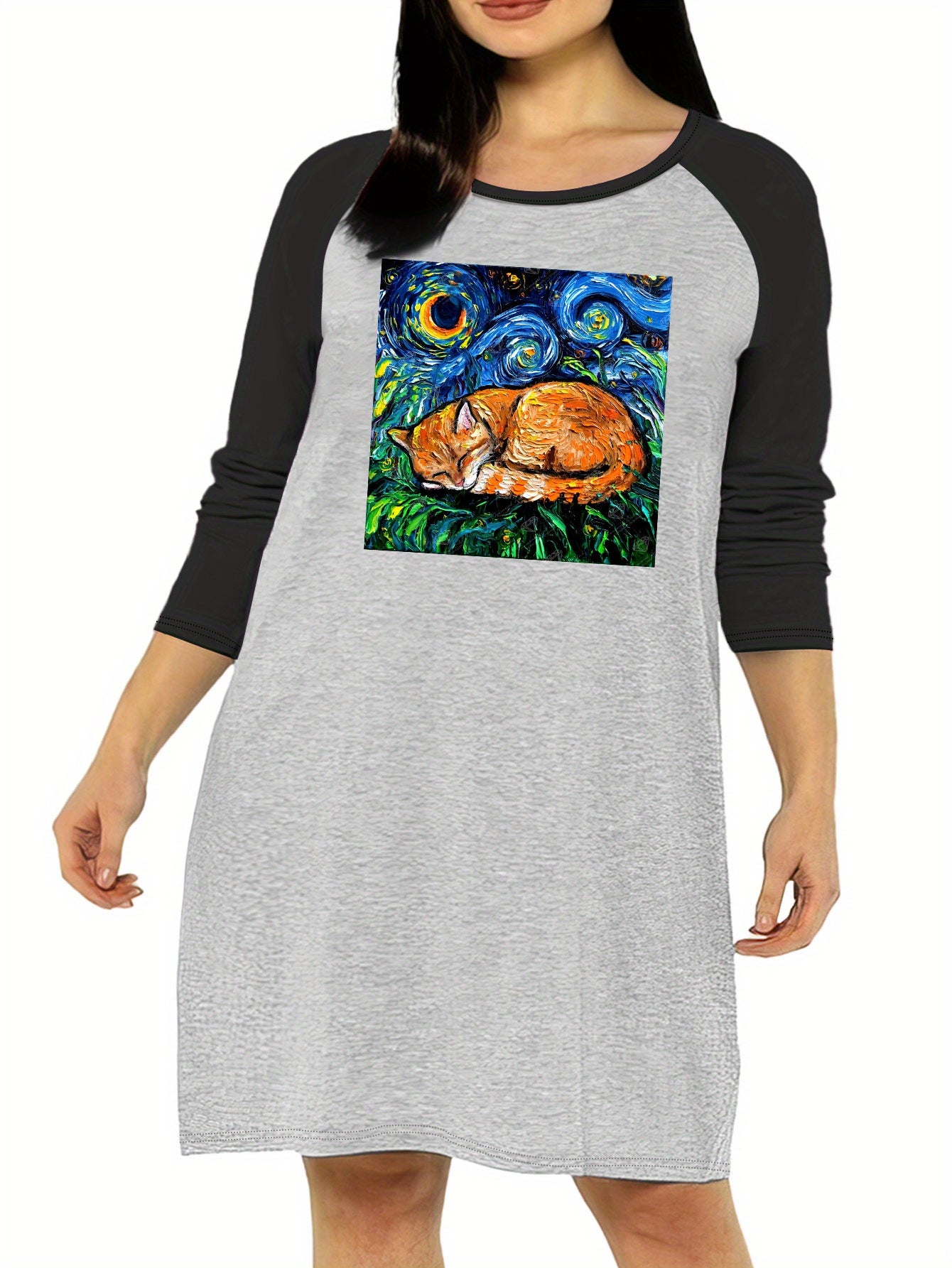  Painting Graphic Raglan Long Sleeve Round Neck Sleep Dress