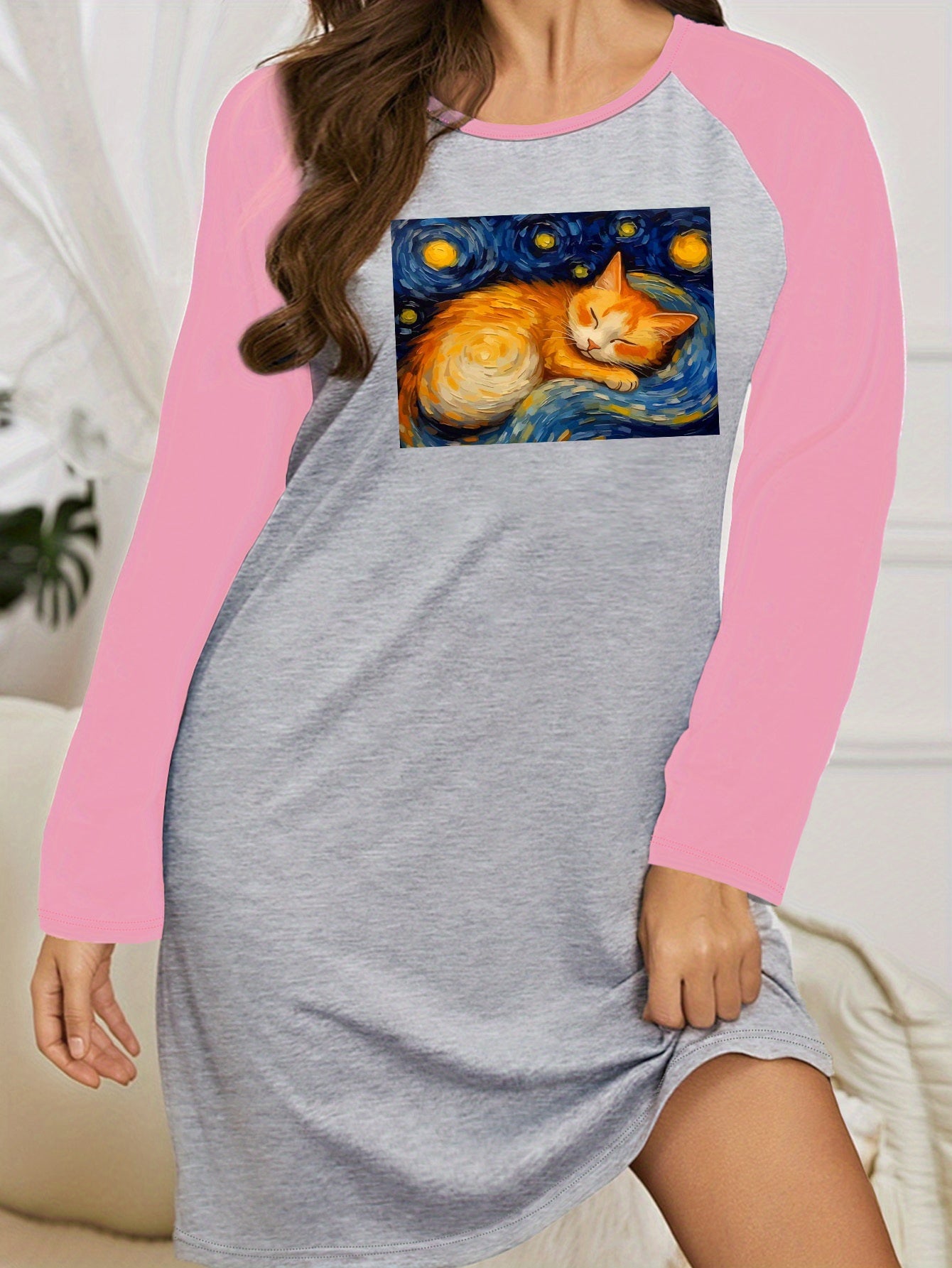  Nightdress Women's Plus Cat Painting Graphic Raglan Long Sleeve