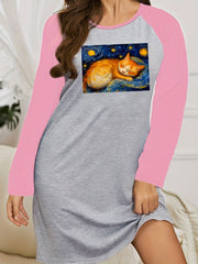  Nightdress Women's Plus Cat Painting Graphic Raglan Long Sleeve