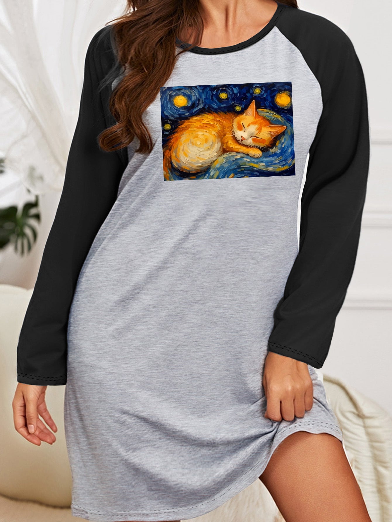  Nightdress Women's Plus Cat Painting Graphic Raglan Long Sleeve