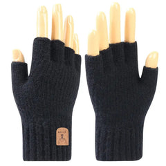 Solid Cashmere Warm Gloves Half Finger Stretch Knitted Gloves Winter Coldproof