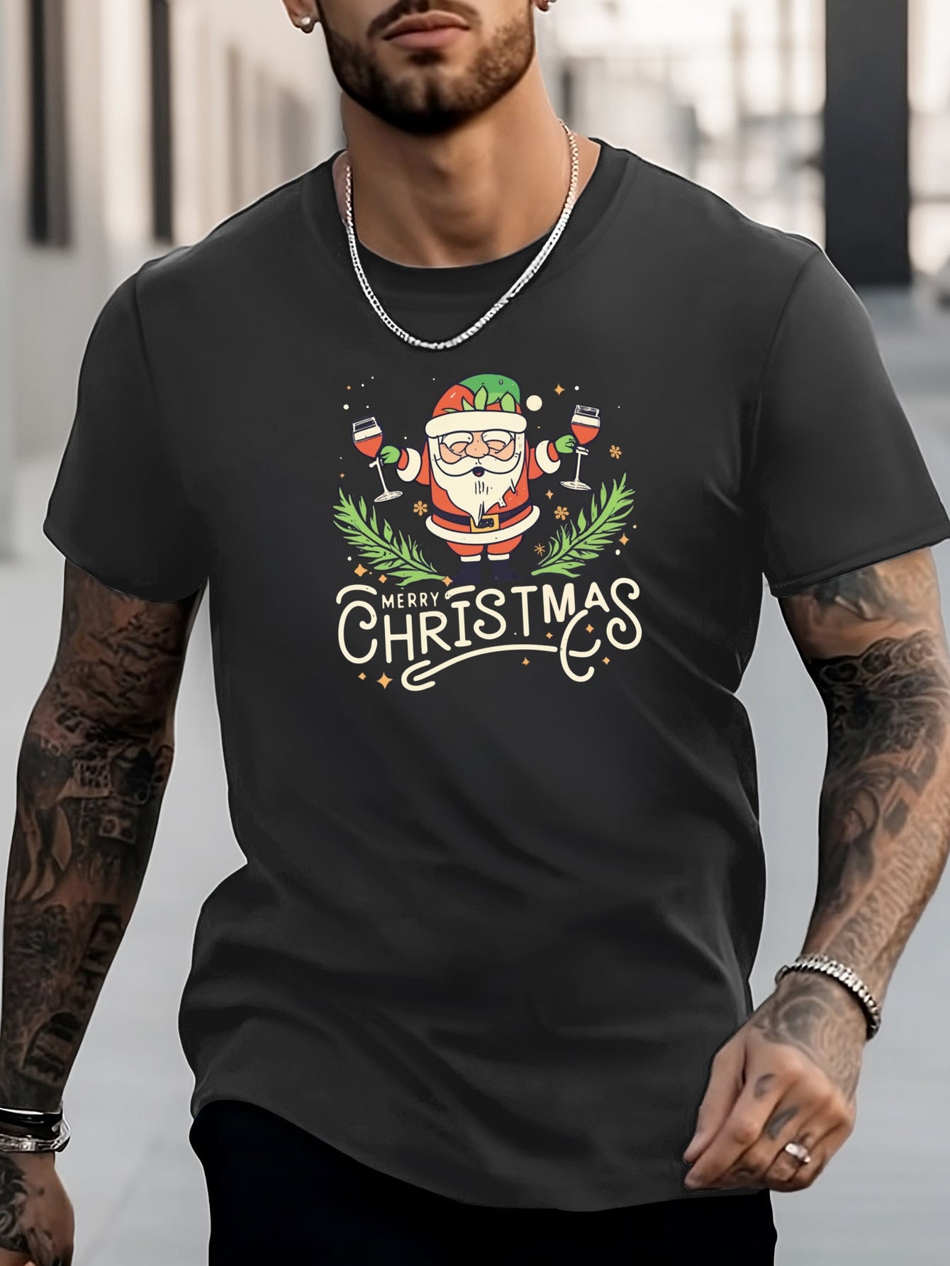 Christmas Santa Print Men's Graphic Crew Neck Tshirt