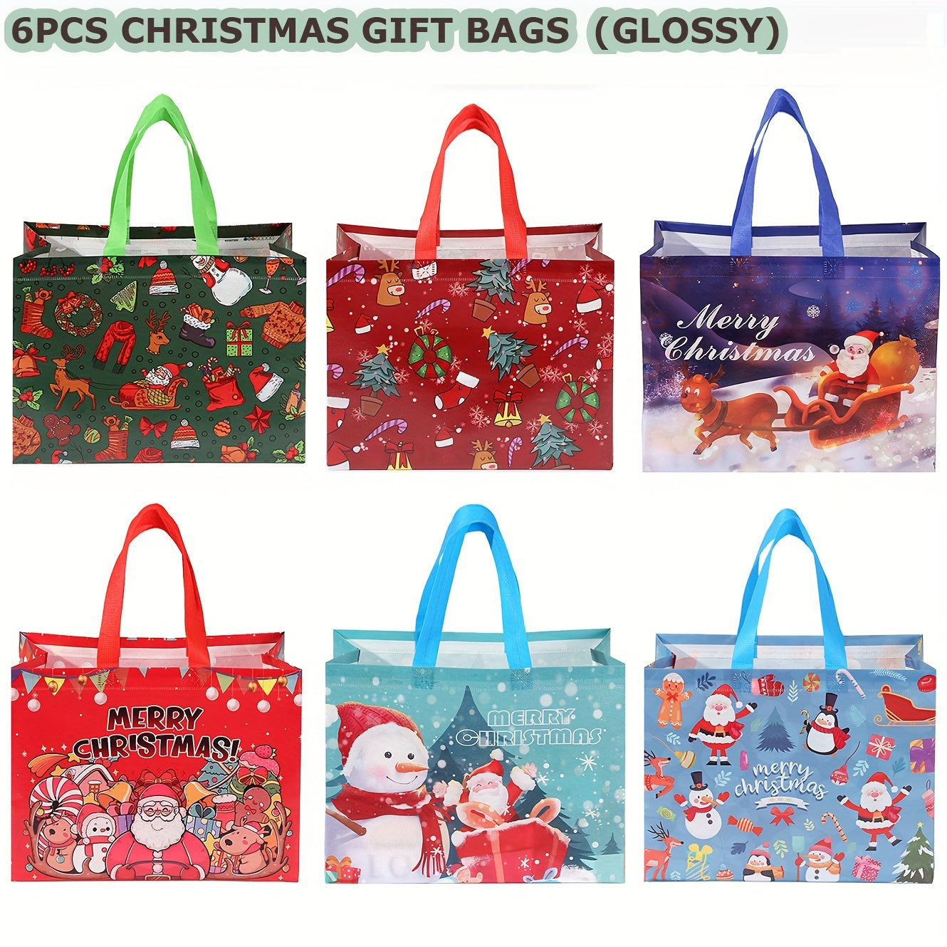 6pcs Large Christmas Pattern Tote Gift Bags With Handles Reusable