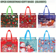 6pcs Large Christmas Pattern Tote Gift Bags With Handles Reusable