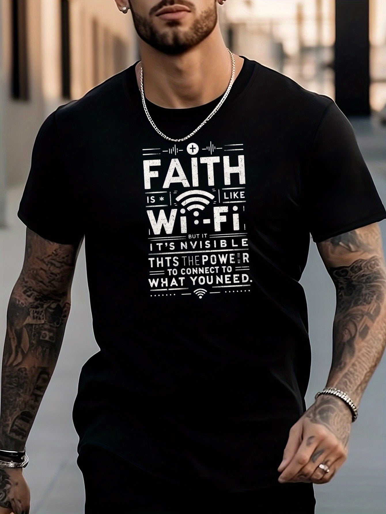 Men's Wifi Pattern Shirt Casual Breathable Short Sleeve Tee Top