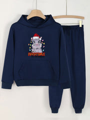 Hippos Print Hooded Pullover Pants Set for Sports Spring Fall