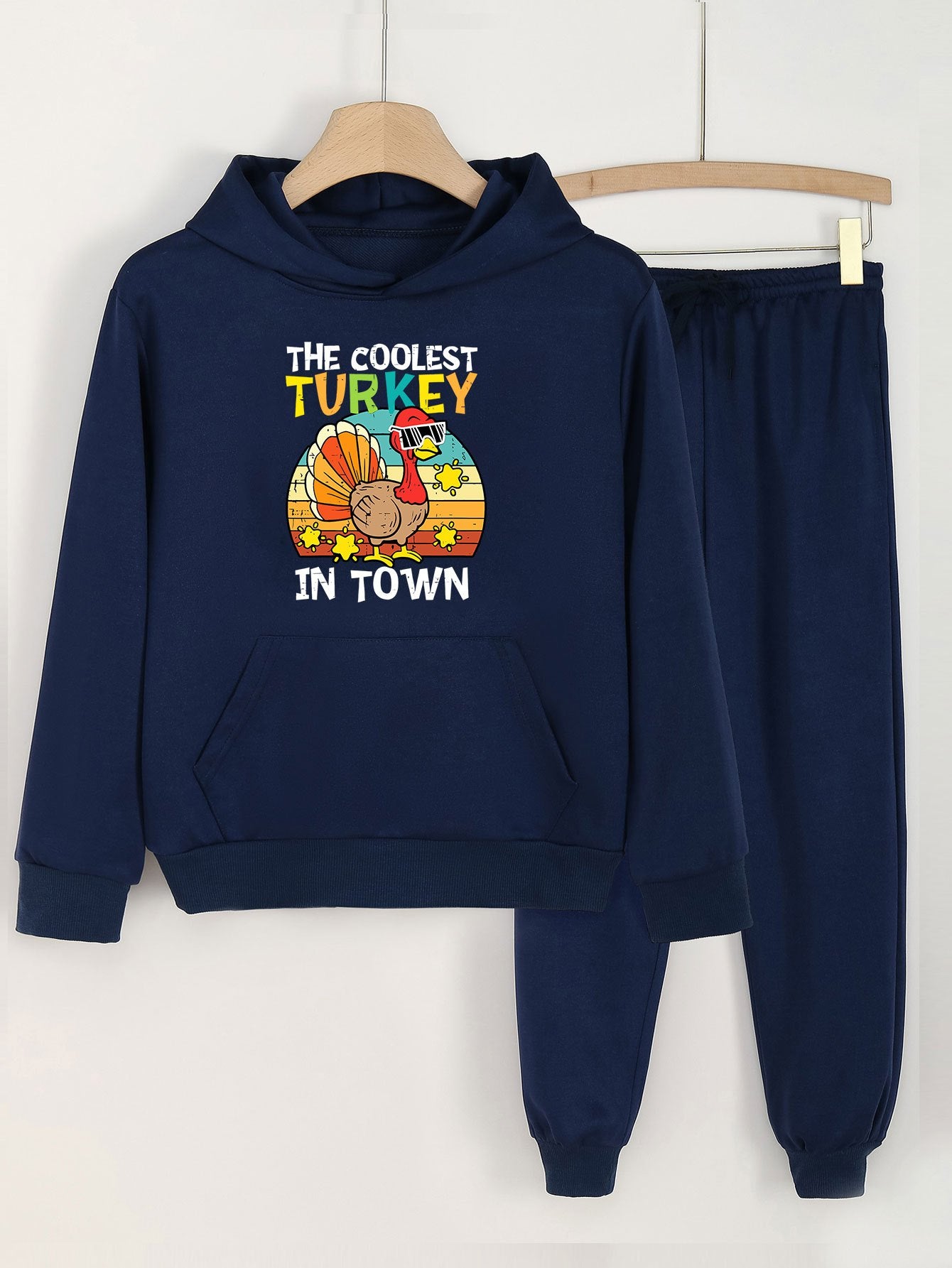 Girls 2pc Turkey Pattern Hooded Sweatshirt and Sweatpants Set