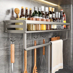 Wall Mounted Kitchen Storage Rack Seasoning Shelf Dishcloth Pot Spoon Holder