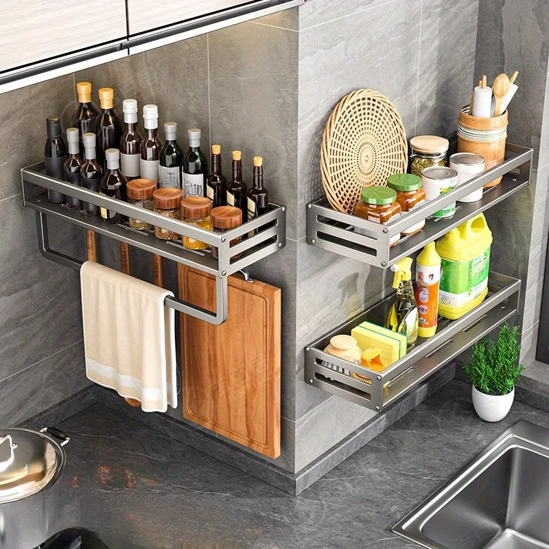 Wall Mounted Kitchen Storage Rack Seasoning Shelf Dishcloth Pot Spoon Holder