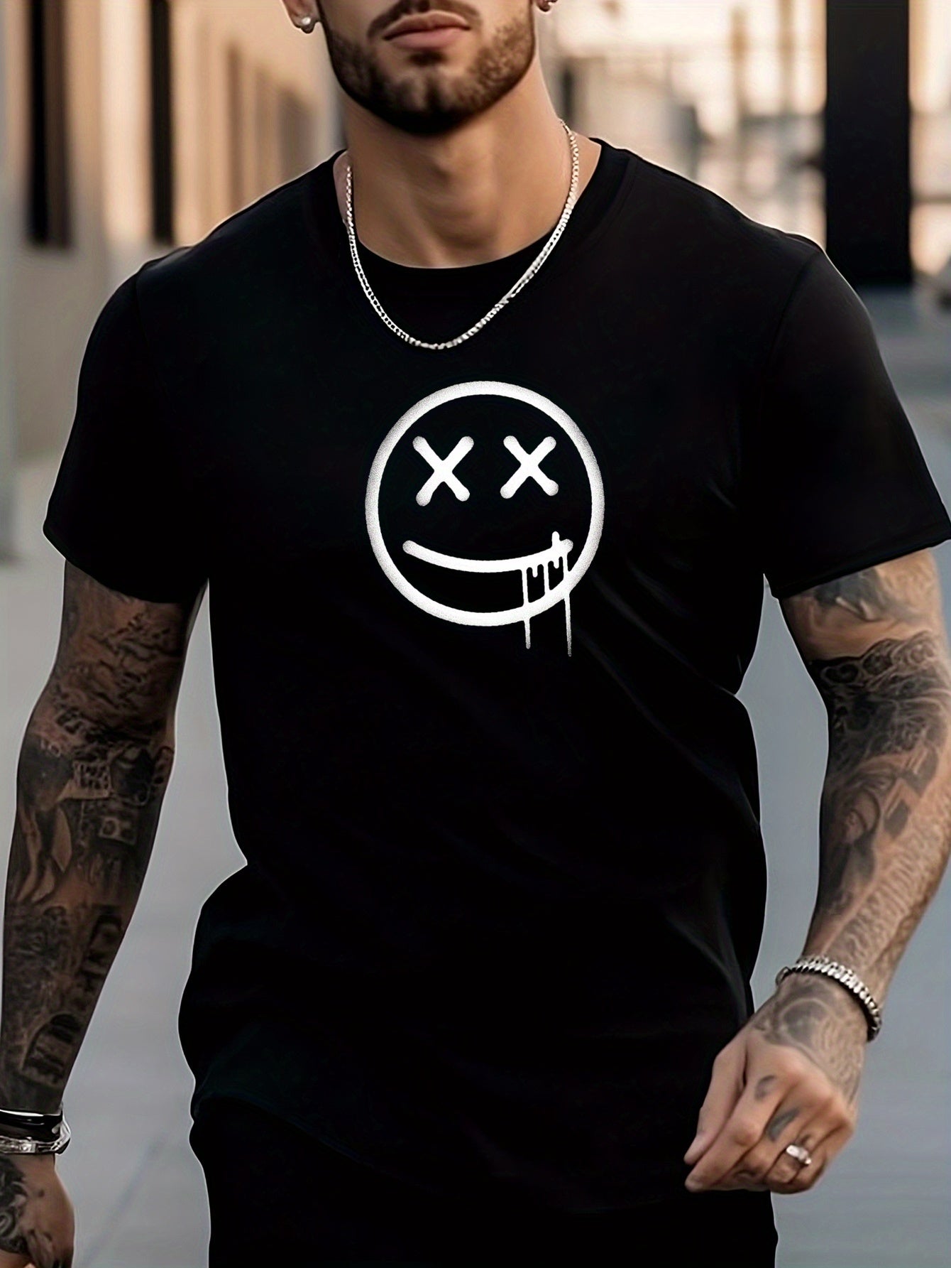 Men's Smiling Face Pattern Shirt for City Walk