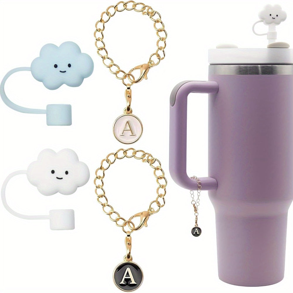 2pcs ID Initial Letter Charm & 2pcs Cloud Straw Plugs Bottle Decorative Pendant
