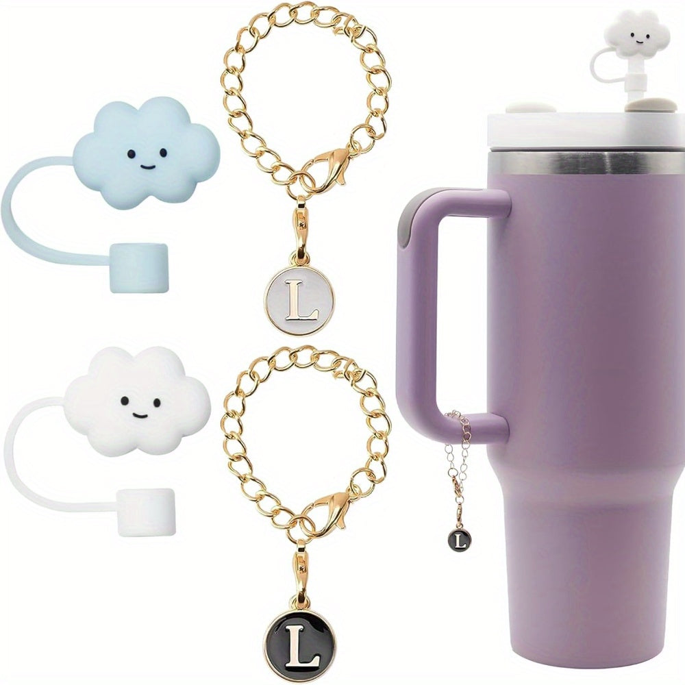 2pcs ID Initial Letter Charm & 2pcs Cloud Straw Plugs Bottle Decorative Pendant