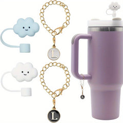 2pcs ID Initial Letter Charm & 2pcs Cloud Straw Plugs Bottle Decorative Pendant
