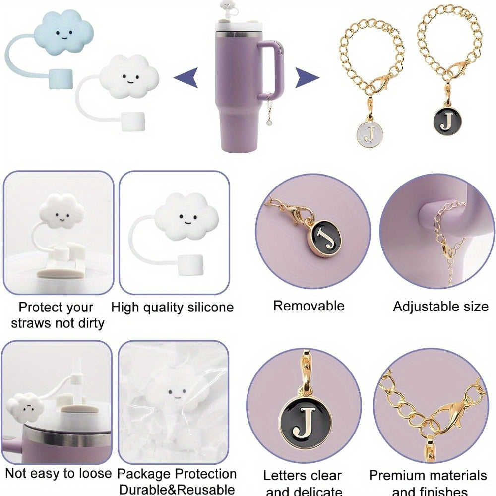 2pcs ID Initial Letter Charm & 2pcs Cloud Straw Plugs Bottle Decorative Pendant
