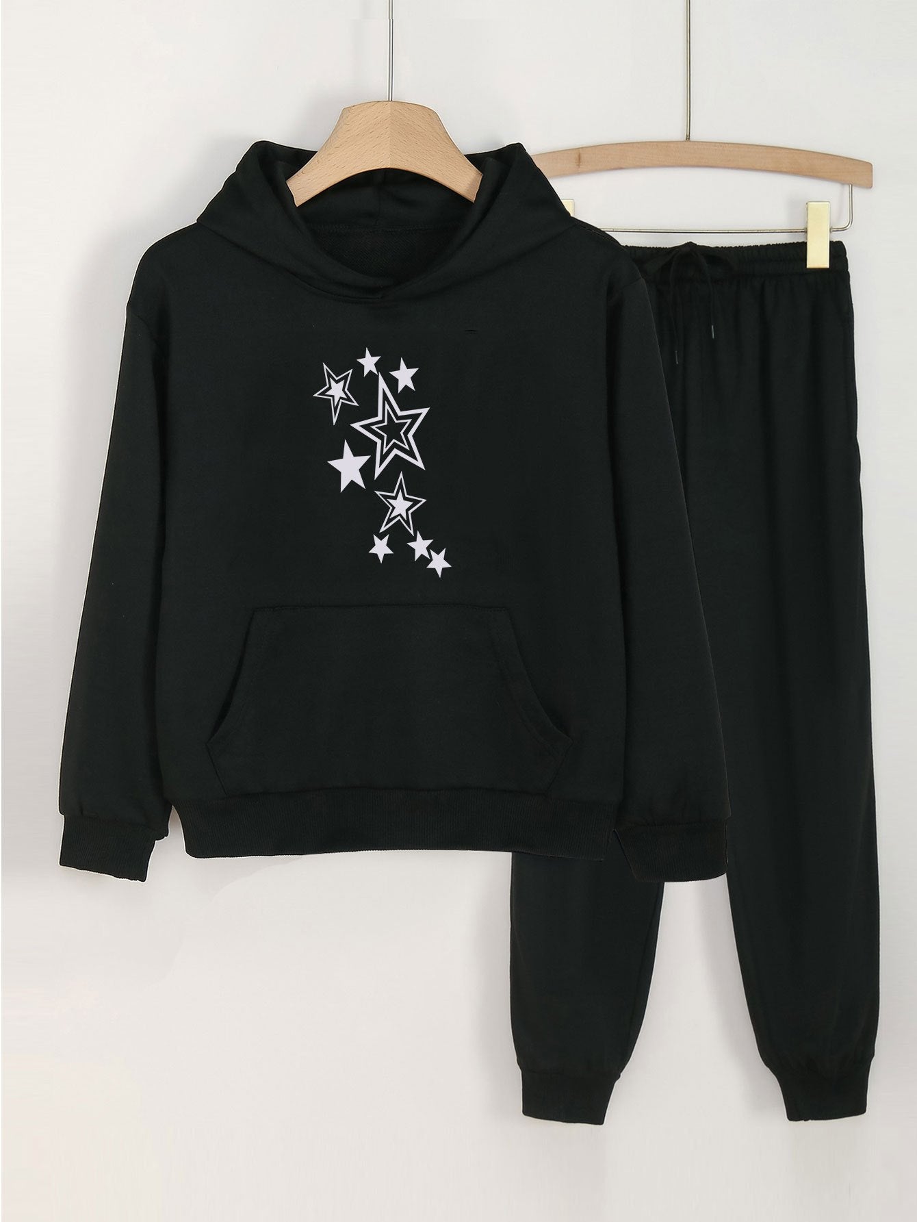 2pcs Star Print Hoodies With Pocket Jogger Pants Set For Girls